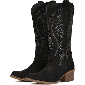 Women's Black Mid Calf Embroidery Cowgirl Boots Retro Snip Toe Western Boot